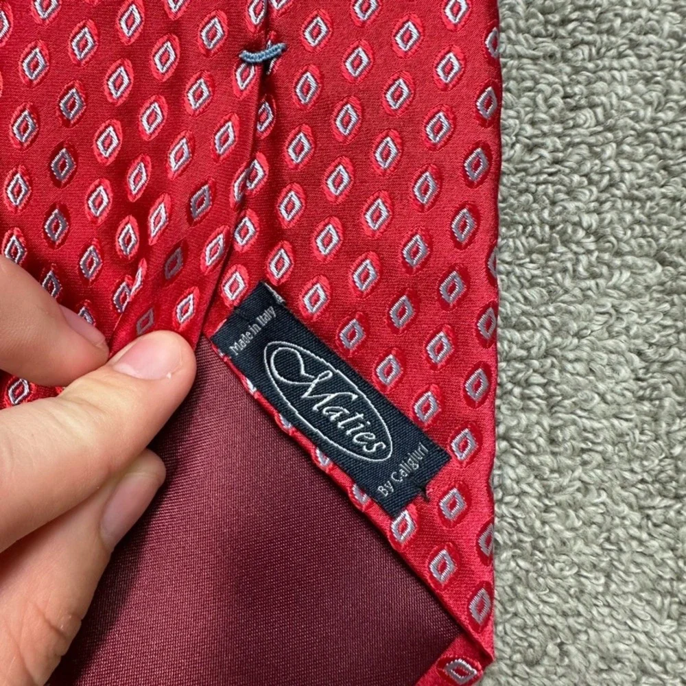 Maties by Caligiuri Red Silk Geometric Diamond Necktie Made in Italy Handmade